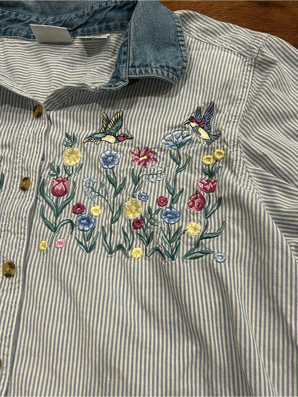 Vintage Bobbie Brooks Striped Button-Up Shirt with Floral Hummingbird Embroidery - Picture 2 of 4